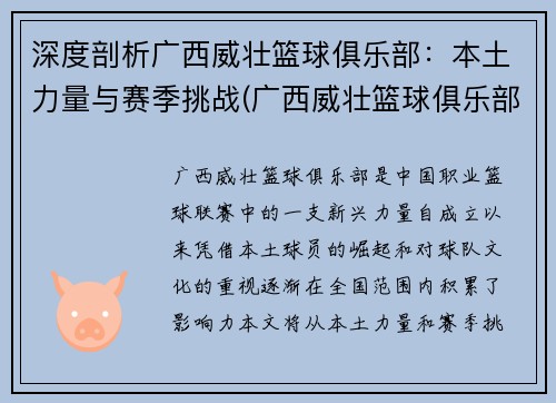 深度剖析广西威壮篮球俱乐部：本土力量与赛季挑战(广西威壮篮球俱乐部队员名单)