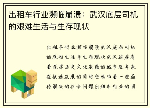 出租车行业濒临崩溃：武汉底层司机的艰难生活与生存现状