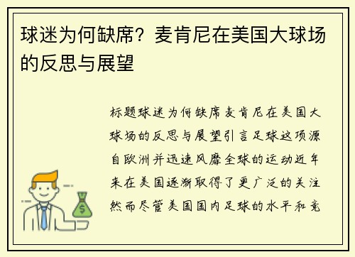 球迷为何缺席？麦肯尼在美国大球场的反思与展望