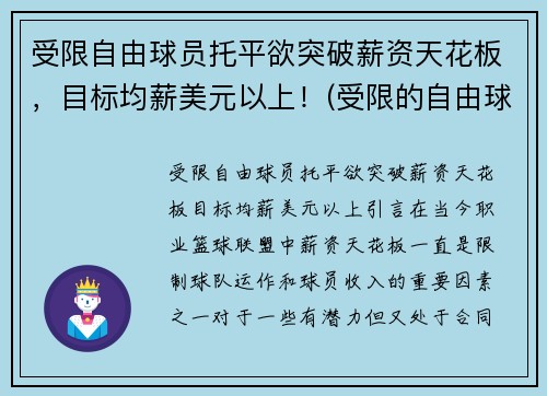 受限自由球员托平欲突破薪资天花板，目标均薪美元以上！(受限的自由球员)