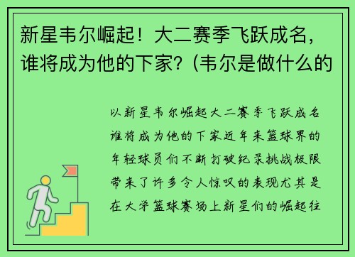 新星韦尔崛起！大二赛季飞跃成名，谁将成为他的下家？(韦尔是做什么的)