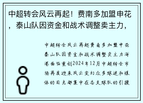 中超转会风云再起！费南多加盟申花，泰山队因资金和战术调整卖主力，海港面临重创