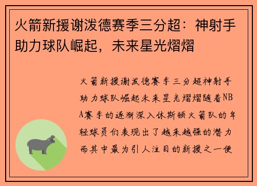 火箭新援谢泼德赛季三分超：神射手助力球队崛起，未来星光熠熠